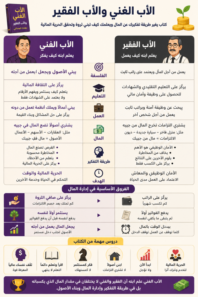 انفوجرافيك ملخص كتاب الأب الغني والأب الفقير